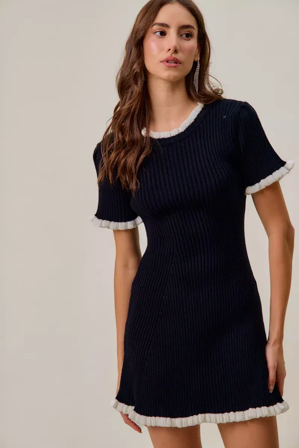 SO ME Contrast Ruffled Sweater Knit Mini Dress