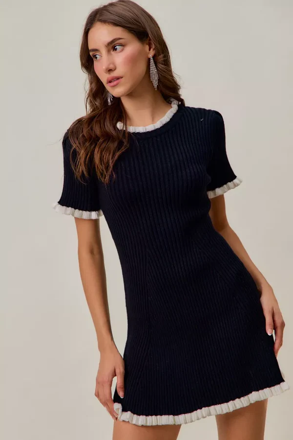 SO ME Contrast Ruffled Sweater Knit Mini Dress