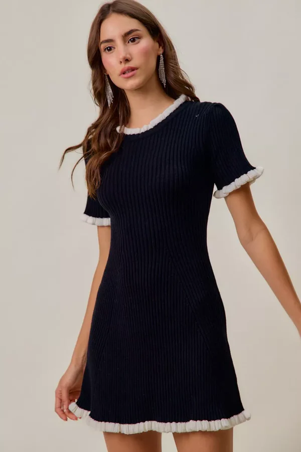 SO ME Contrast Ruffled Sweater Knit Mini Dress